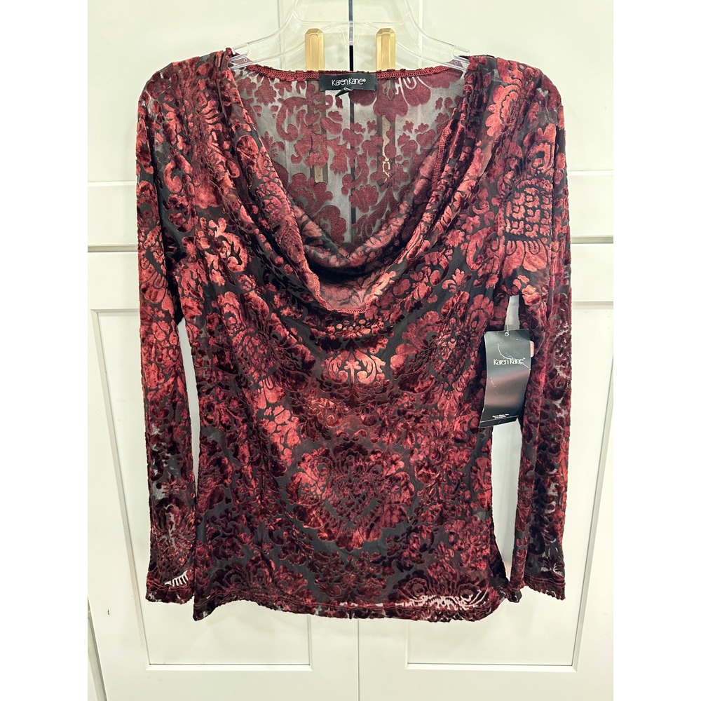Karen Kane Womens Burgundy Burnout Velvet Damask Cowl Neck Top Size‎ M New